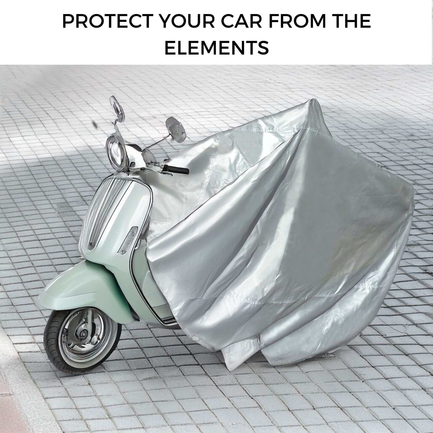 A Deluxe Scooter, Moped, or Vespa covered with a weather-resistant, protective silver cover is parked on a tiled surface. The text above the image reads, "Protect your scooter from the elements with Formosa Covers.