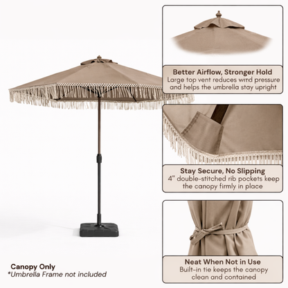 9ft 8 Ribs Replacement Umbrella Canopy w/ Tassels in Taupe (Canopy Only) - Formosa Covers