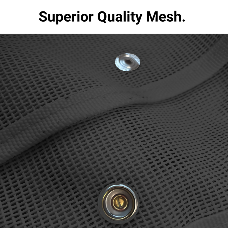 A close-up of the black mesh material shows two metal grommets. The mesh, woven in a grid pattern, folds gently. Bold black text at the top of the image reads "Superior Quality Mesh," showcasing its UVA/UVB protection for your Formosa Covers Golf Cart Sun Shade UV Mesh Top Cover, exclusive for Yamaha Drive 70" Roof Black.