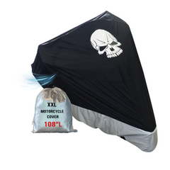 Deluxe lightweight XXL motorcycle cover with skull logo, black/silver, water-resistant, fits bikes up to 108 inches.