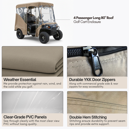 4 Seater Golf Cart Enclosure for 80 Inch Long Roof – Taupe Rain and Winter Driving Cover - Formosa Covers