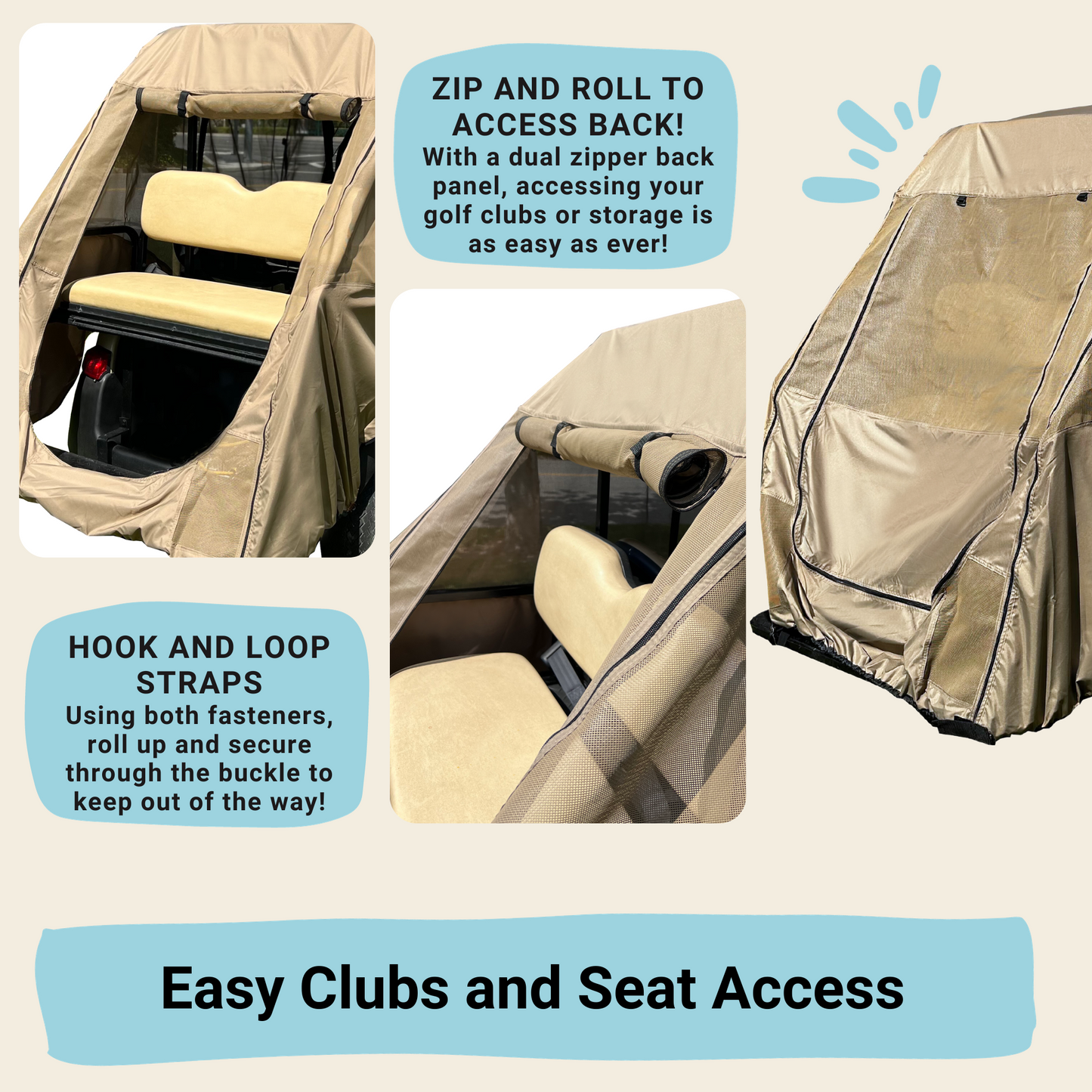 The Formosa Covers 2+2 Passenger Golf Cart Driving Enclosure Cover in Texteline Mesh Taupe is designed for 4-seater golf carts with short roofs (58"). This practical cover features dual zipper back panels for easy access to clubs or storage, and hook and loop straps that secure the panel when rolled up. The cover's functionality is highlighted with detailed text and images demonstrating its use.