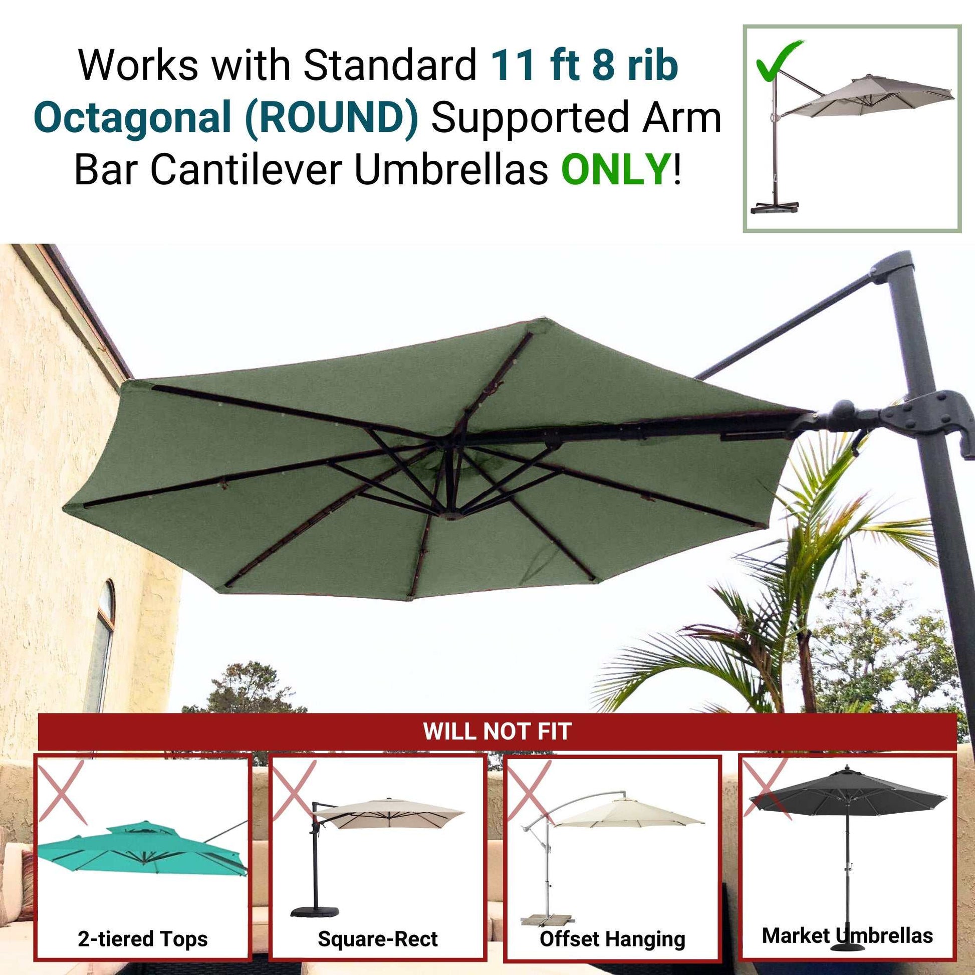 11 ft Cantilever Umbrella Replacement Canopy Supported Bar 8 Ribs Sage Green