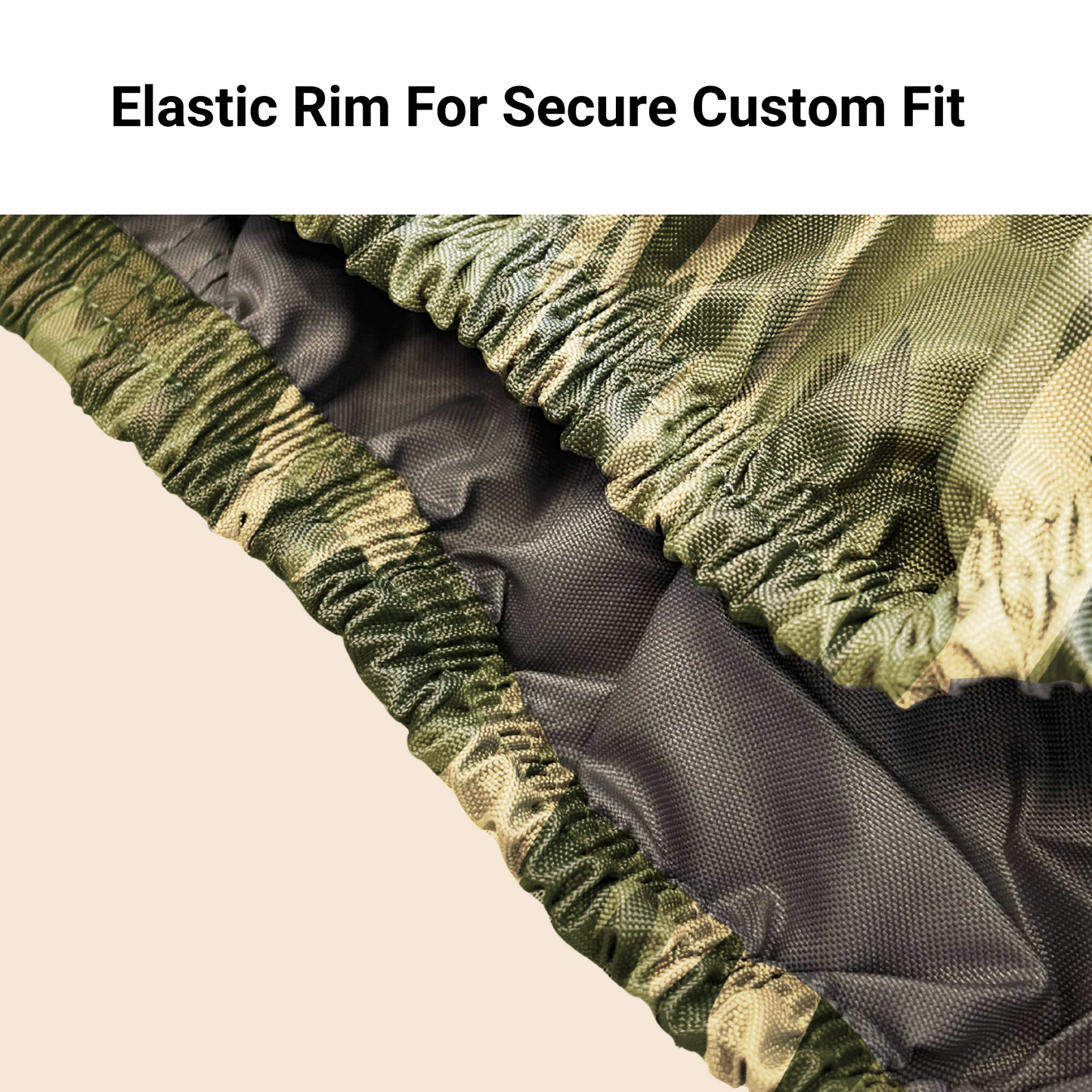 Close-up view of the UTV Cover - Large Camouflage 120" L x 62" W x 75"H from Formosa Covers, showcasing a detailed fabric with a camouflage pattern and an elastic rim labeled "Elastic Rim For Secure Custom Fit." The heavy-duty, UV-treated material is water repellent, ensuring a snug fit with its elastic edge.