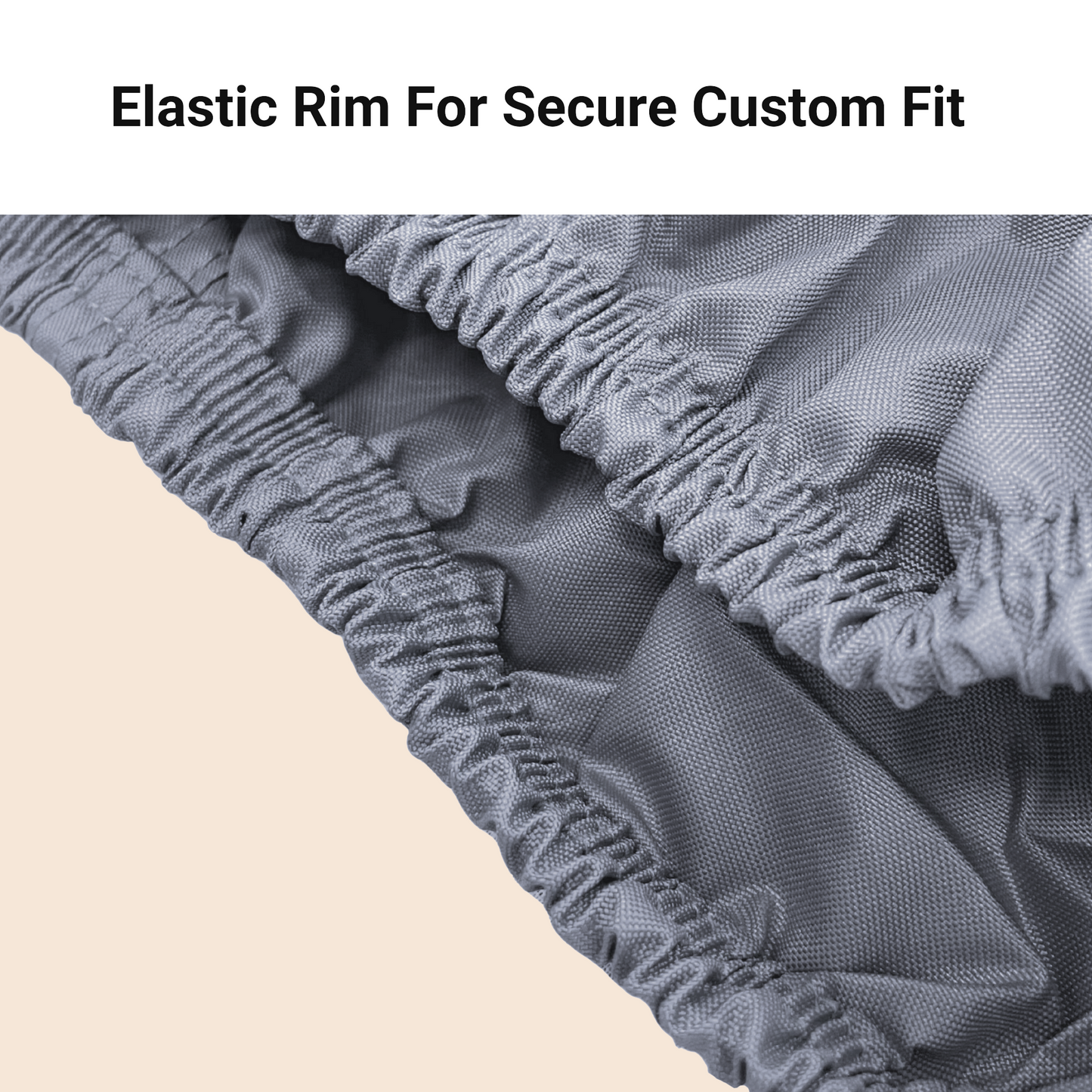 Close-up image of a gray, elasticated fabric rim on the Formosa Covers UTV Cover - Large 120" L x 62" W x 75" H, showcasing its gathered texture. Text at the top reads, "Elastic Rim For Secure Custom Fit," highlighting the adjustable and snug-fitting feature of this water repellent material.