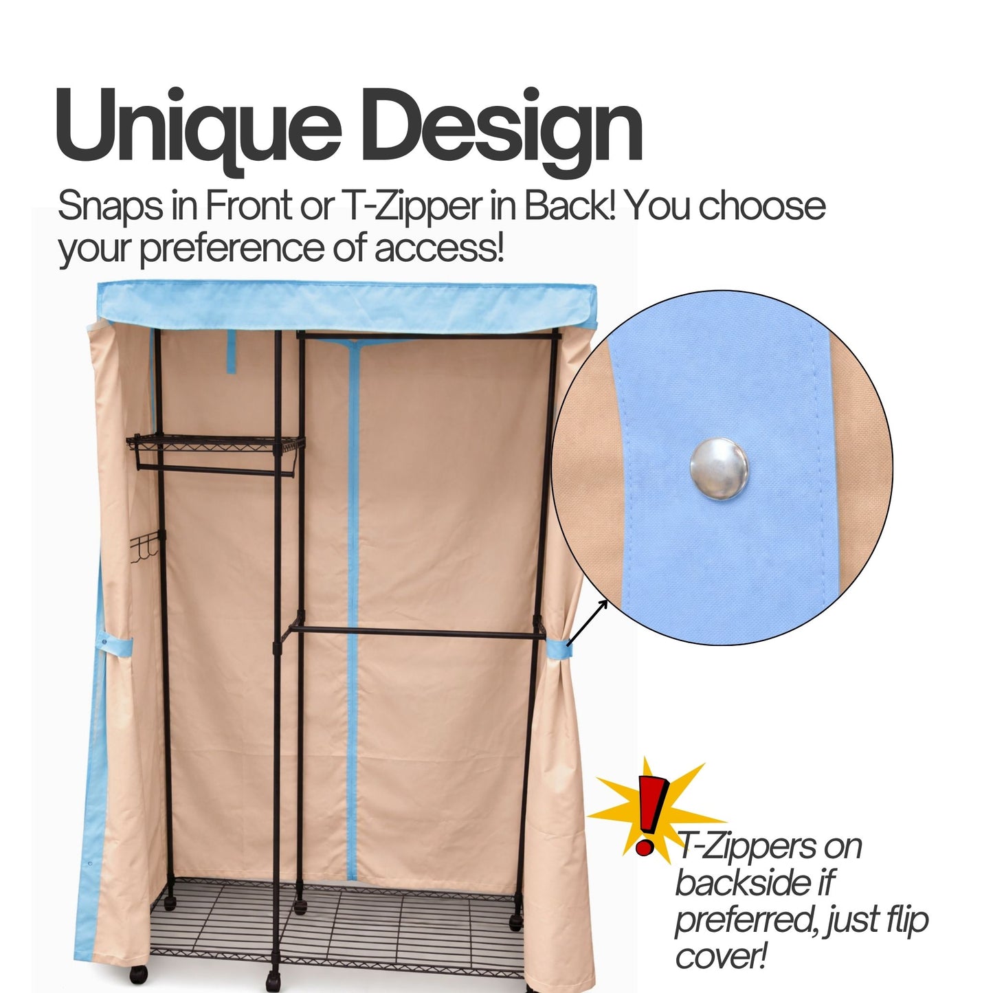 Portable Garment Rack Cover 36"W x 18"D x 68"H Beige Khaki with Blue Trim - Formosa Covers