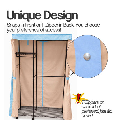 Portable Garment Rack Cover 36"W x 18"D x 68"H Beige Khaki with Blue Trim - Formosa Covers