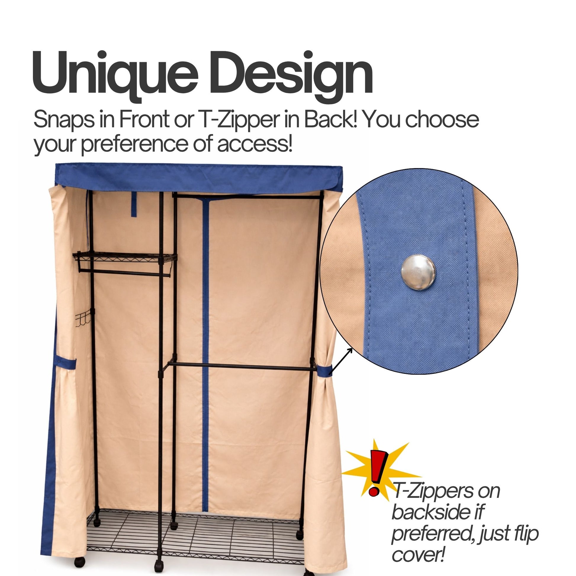 Portable Garment Rack Cover 36"W x 14"D x 72"H Beige Khaki with Dusty Blue Trim - Formosa Covers