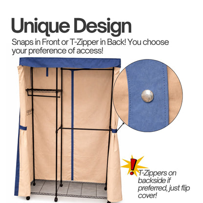 Portable Garment Rack Cover 36"W x 14"D x 72"H Beige Khaki with Dusty Blue Trim - Formosa Covers