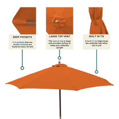 The Formosa Covers 11ft Market Patio Umbrella 8 Rib Replacement Canopy in Tuscan Orange features a large top vent to help keep the UV-treated canopy upright, a built-in tie to keep it tidy when not in use, and deep pockets with double-stitched ends at every rib.