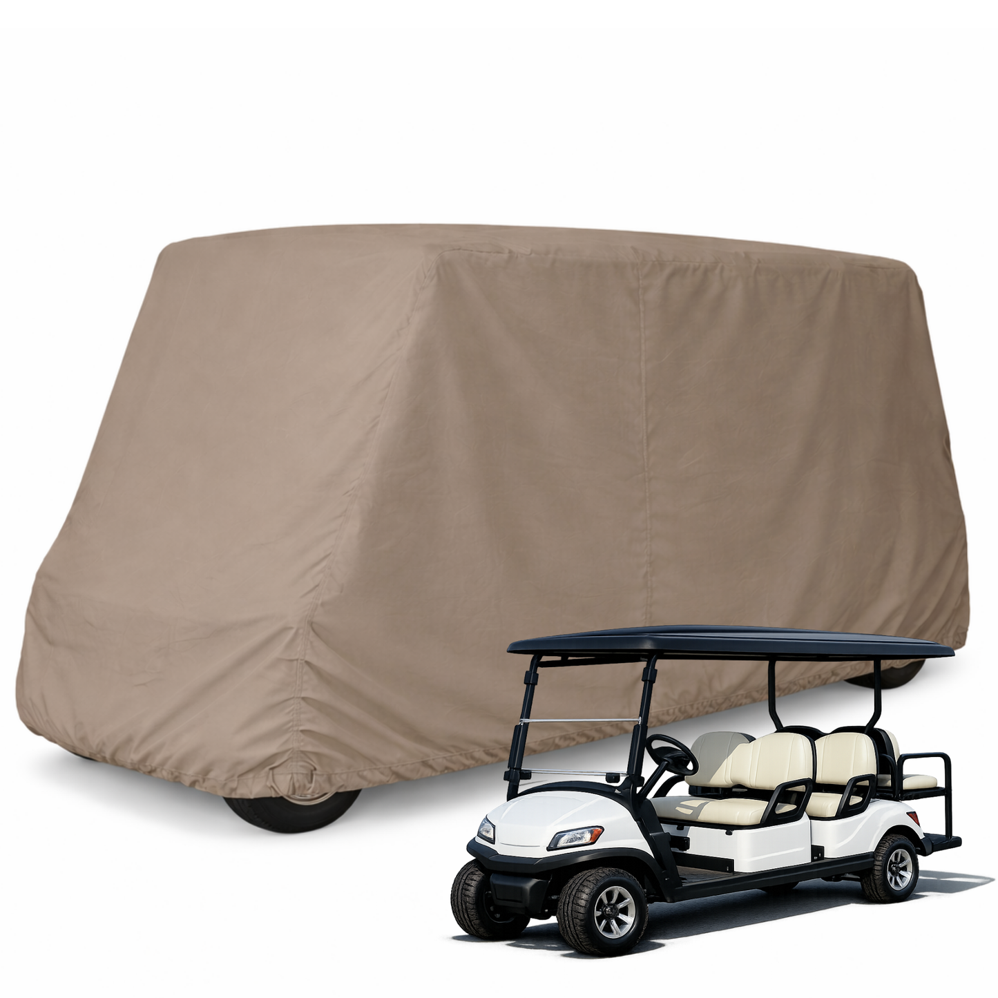 Taupe 6 passenger golf cart storage cover for 120-inch roof carts, waterproof and UV treated with rear zipper access