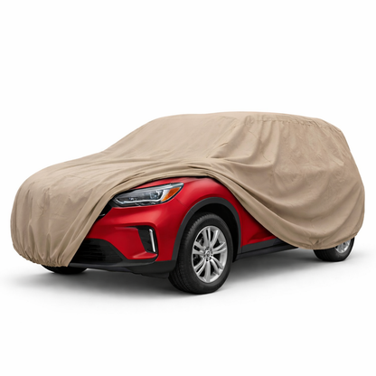 Taupe SUV Cover XL - 230" L protecting large SUV from rain, snow, sun, with heavy duty fabric and elastic hem