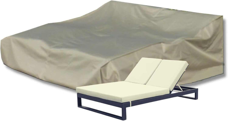 A Patio Double Chaise Lounge covered by the Formosa Covers Classic Taupe furniture shield measures 84" long, 60" wide, and 24" high. This chaise lounge features light-colored cushions and a durable metal frame, ensuring both comfort and lasting protection.