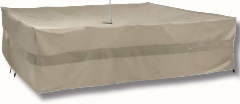 The Formosa Covers Patio Set Cover for Rectangular or Oval Tables, measuring 160"L x 90"W in an ultra-large size, elegantly envelops a table and chairs in beige. It features a convenient hole for the umbrella pole and includes a mildew-resistant vent. Crafted from UV-treated polyester, this cover is designed to stylishly withstand the elements.