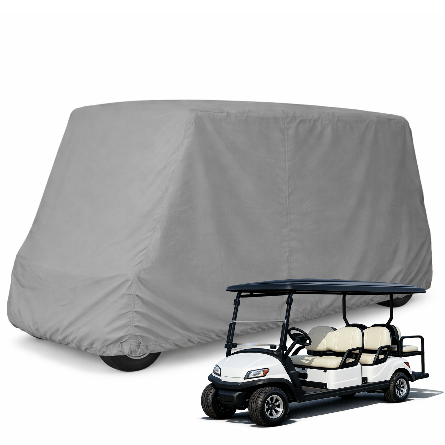 Heavy duty grey 6 passenger golf cart storage cover with waterproof, UV treated satin polyester and rear zipper access.