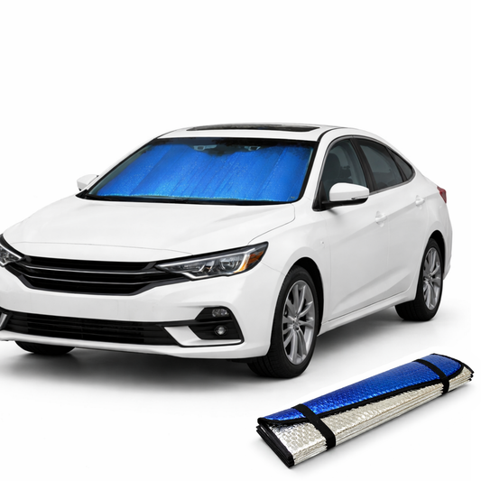 Blue plasma coated car windshield sun shade with silver interior side for mid-size to large SUVs blocking heat and UV rays