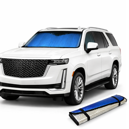 Plasma coated blue silver windshield sun shade blocking UV rays for large vans, RVs, and trucks