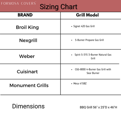 Here's a sizing chart for BBQ grills by brand and model: 
- Broil King (Signet 420 Gas Grill)
- Nexgrill (5-Burner Propane Gas Grill)
- Weber (Spirit S-315 3-Burner Natural Gas Grill)
- Cuisinart (CGG-8000 4-Burner Gas Grill with Sear Burner)
- Monument Grills 

Recommended Cover: Formosa Covers BBQ Outdoor Grill Cover 56"L x 25"D x 46"H Black Vinyl
