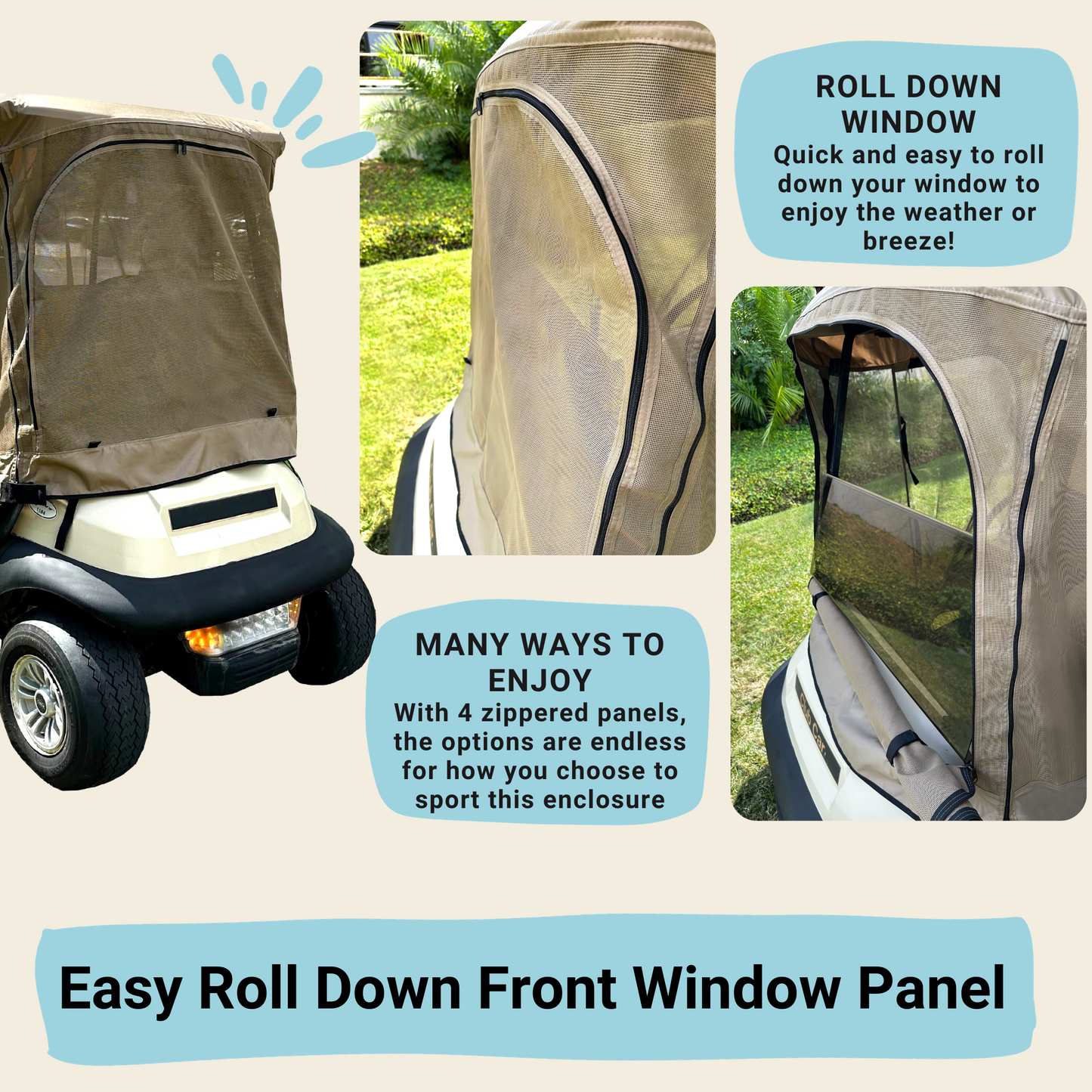 An advertisement showcases the Formosa Covers 2+2 Passenger Golf Cart Driving Enclosure Cover (4 Passenger Short Roof 58") Texteline Mesh Taupe, installed on a 4-seater golf cart. Highlighting the roll-down window feature, it emphasizes ease of use and versatility with four zippered panels. Text overlays describe these benefits.