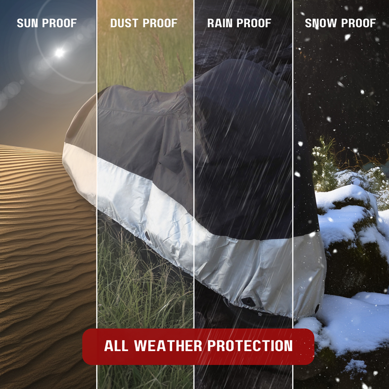 A composite image highlighting the all-weather protection features of Formosa Covers' Premium Motorcycle Cover with Night Reflector and Eagle Emblem (XXL) Black. Four sections depict its UV-treated durability against sun, dust with dry grass, raindrops, and snowflakes. Text in red reads, "Heavy duty fabric for ultimate protection.