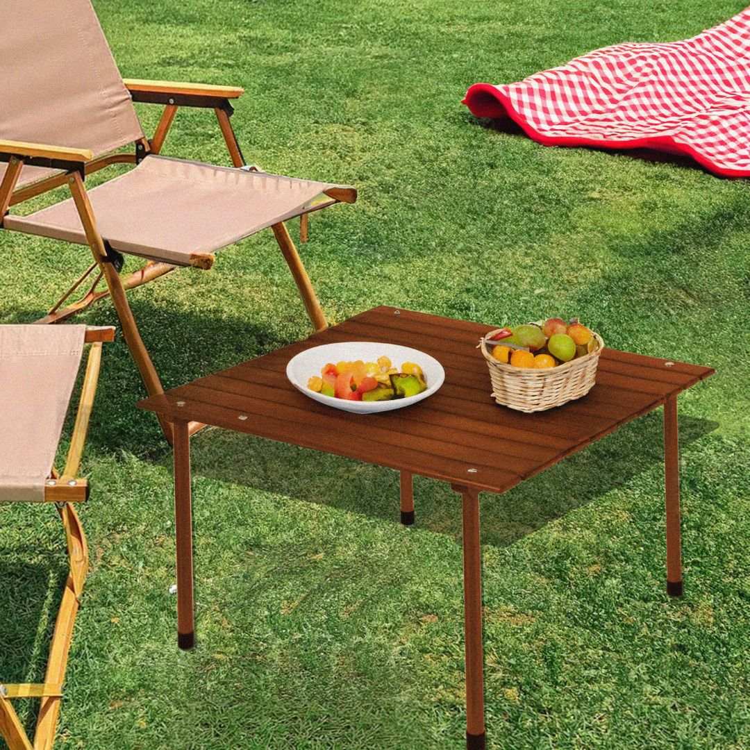 Outdoor Portable Wood Roll Up Table in Teak Finish 26