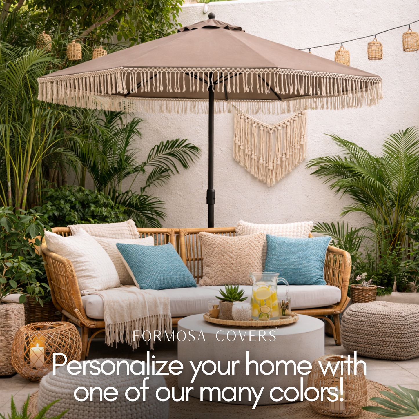 9ft 8 Ribs Replacement Umbrella Canopy w/ Tassels in Taupe (Canopy Only) - Formosa Covers