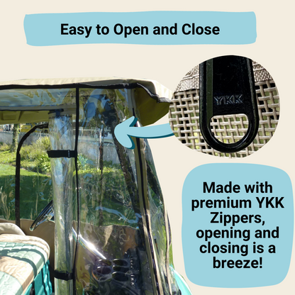 The Formosa Covers 2 Passengers Driving Enclosure Roof 56" - 60" Straight Down Tail in Taupe Golf Cart Cover is shown with a transparent cover. A close-up of a YKK zipper is featured, accompanied by text at the top reading "Easy to Open and Close." Below that, another text states, "Made with premium YKK Zippers, opening and closing is a breeze!" It's perfect for all-weather use.