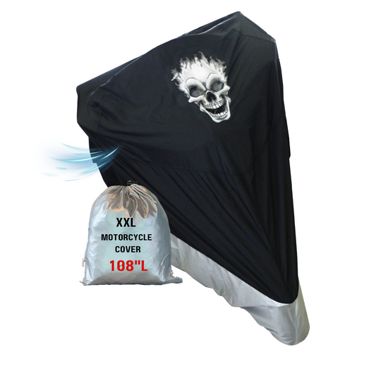 Deluxe lightweight motorcycle cover with flaming skull logo, fits up to 108 inches, black, water-repellent.