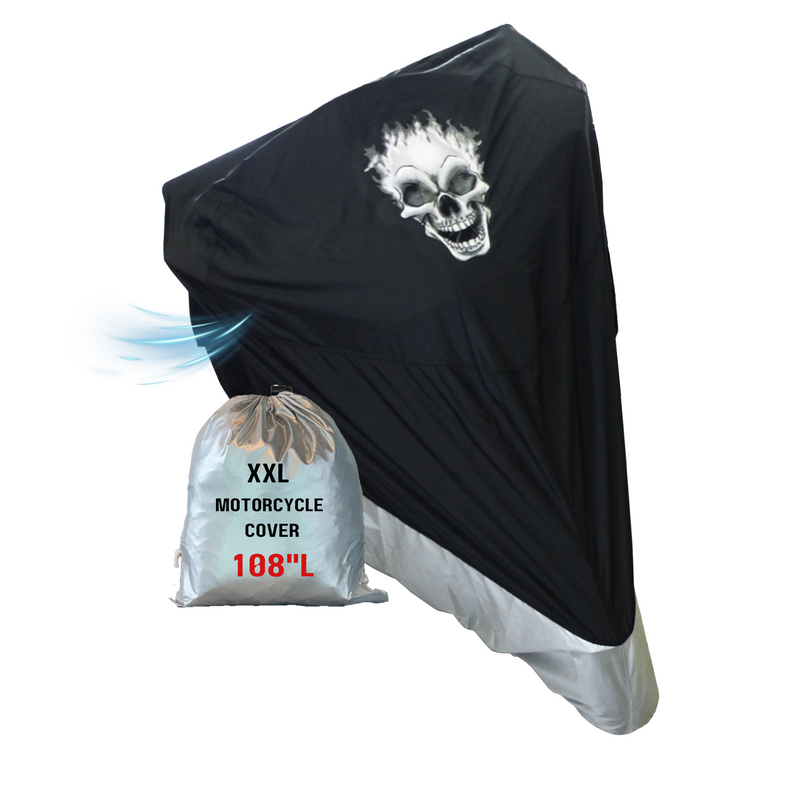 Deluxe Light Weight Motorcycle Cover with Flaming Skull Logo - Fits up to 108"L (XXL)