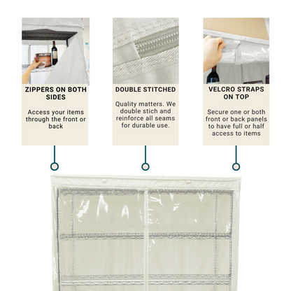 The image depicts the Storage Shelving Unit Cover by Formosa Covers, designed for racks measuring 30"W x 18"D x 72"H. This off-white cover highlights three key features: "Zippers on both sides" for front and back access, "Double stitched" seams for enhanced durability, and Velcro straps on top to secure the panels, allowing full or partial access. The cover is made of water-repellent polyester fabric with a see-through panel on one side.