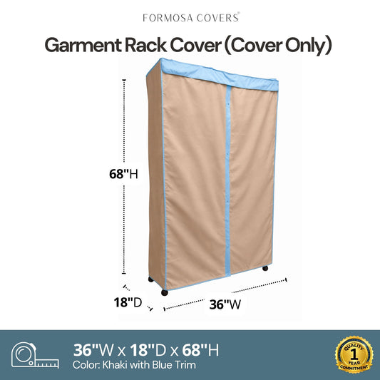 Portable Garment Rack Cover 36"W x 18"D x 68"H Beige Khaki with Blue Trim - Formosa Covers