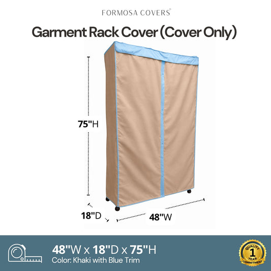 Portable Garment Rack Cover 48"W x 18"D x 75"H Beige Khaki with Blue Trim - Formosa Covers