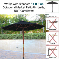 Image showing a durable, dark blue octagonal market patio umbrella with UV-treated fabric, featuring a metal pole and base, set up outdoors on a patio in front of a tan wall and trees. Text states compatibility with standard 11 ft 8 rib umbrellas and indicates incompatibility with support-bar, hanging, and square-rect umbrellas. The product is the 11ft Market Patio Umbrella 8 Rib Replacement Canopy by Formosa Covers.