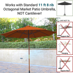 An 11ft Market Patio Umbrella with an 8-rib replacement canopy in Tuscan Orange from Formosa Covers is set up on a patio with trees in the background. Text informs that it works with a standard 11 ft 8 rib umbrella but not with cantilever or square-rect umbrellas, as shown by images with red 