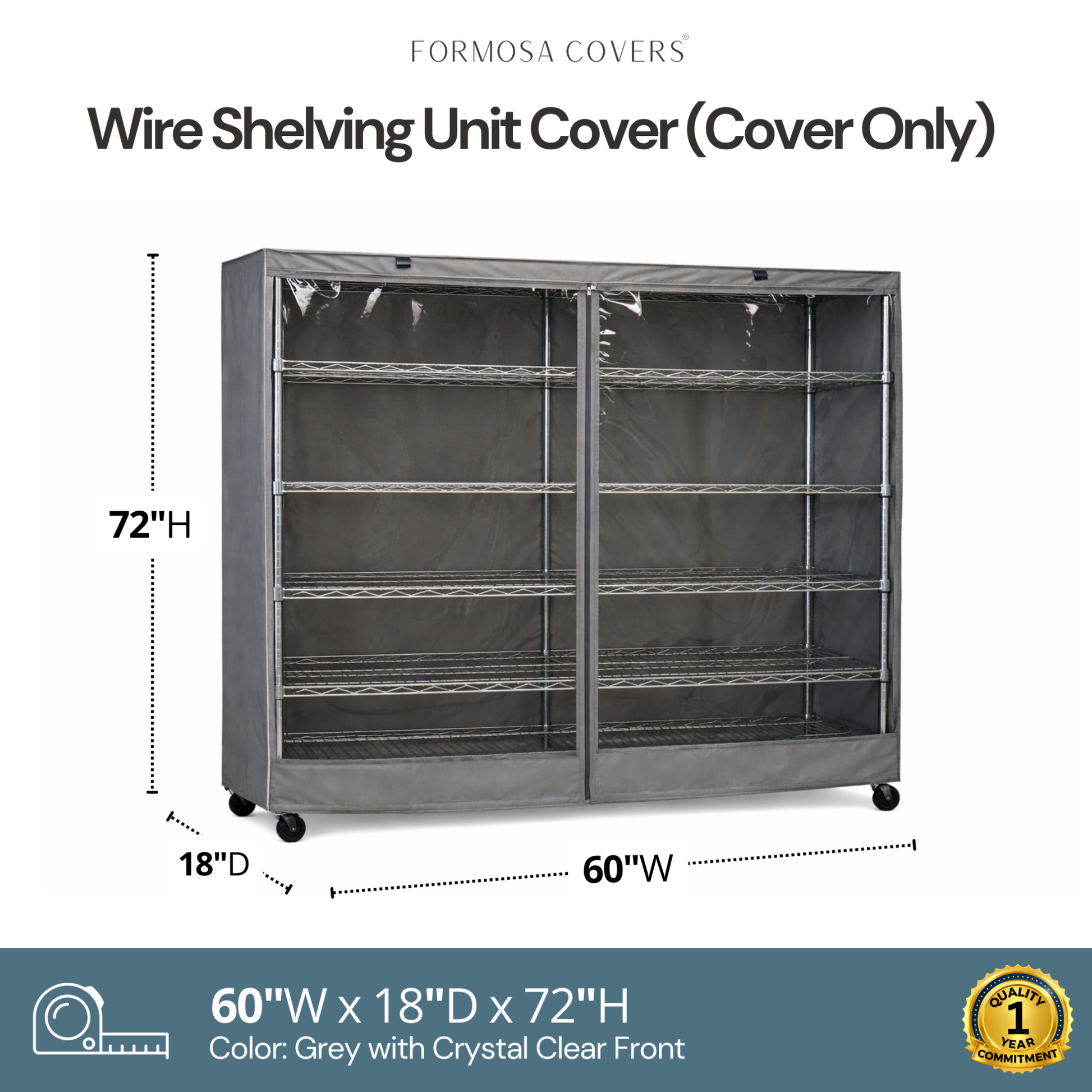 Storage Shelving Unit Cover, fits racks 60"W x 18"D x 72"H one side see through panel in Grey - Formosa Covers