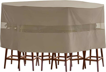 The Patio Bar Height Dining Set Cover by Formosa Covers, measuring 98"Dia./L x 41"H, is a classic taupe, water-resistant cover made from UV-treated polyester. It includes a transparent panel at the center that allows you to see the high bar dining table and stools underneath, with the wooden legs visible at the bottom.