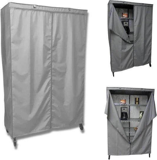Storage shelving unit cover in charcoal grey, fits racks 36"W x 20"D x 60"H, with roll-up front panel and corner zippers.