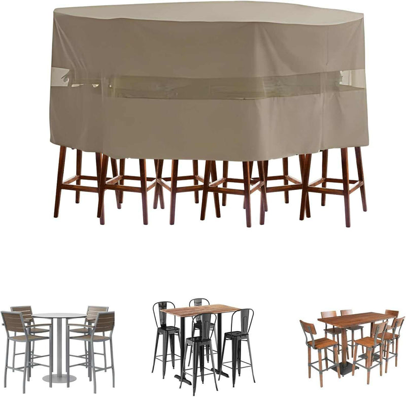 A Classic Taupe outdoor furniture cover by Formosa Covers, made from UV-treated polyester, covers a high bar dining table with stools beneath. Below are three types of high tables with stools: one set featuring gray slatted backs, another with metal chairs, and the last showcasing wooden chairs.