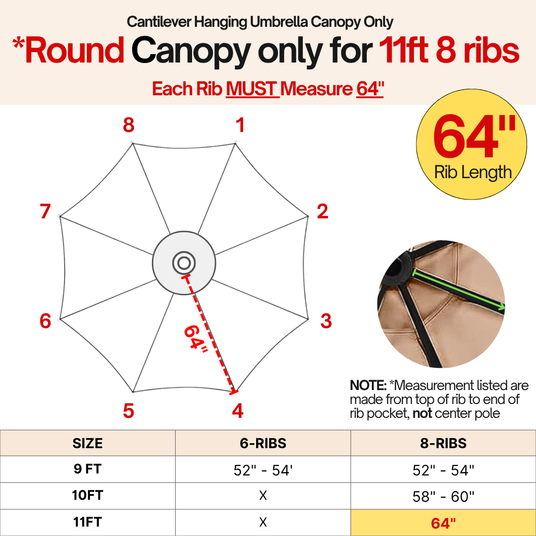 11ft Cantilever Hanging Umbrella 8 Rib Replacement Canopy Jockey Red