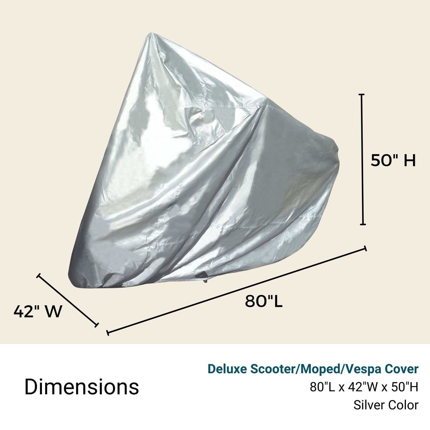 A silver Formosa Covers Deluxe Scooter, Moped, or Vespa Cover - Medium, measuring 80 inches in length, 42 inches in width, and 50 inches in height. Made from weather-resistant 150 Denier Polyester. Dimensions and product details are displayed at the bottom of the image.