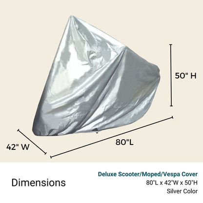 A silver Formosa Covers Deluxe Scooter, Moped, or Vespa Cover - Medium, measuring 80 inches in length, 42 inches in width, and 50 inches in height. Made from weather-resistant 150 Denier Polyester. Dimensions and product details are displayed at the bottom of the image.