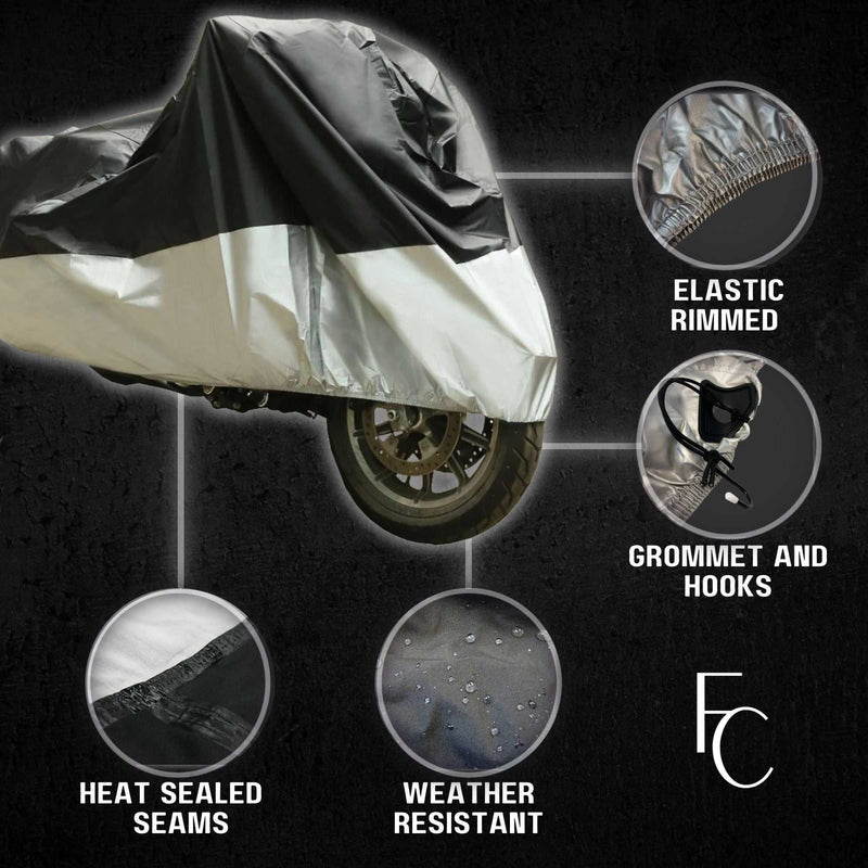 A motorcycle shielded by the Deluxe Motorcycle Cover, All Season & Light Weight (XL) in Black. Around the image, features such as "Elastic Rimmed," "Grommet and Hooks," "Heat Sealed Seams," and "Water Resistant" are highlighted. The background is dark with the Formosa Covers logo ("FC") positioned at the bottom right corner—perfect for individuals looking for durable and reliable motorcycle protection.