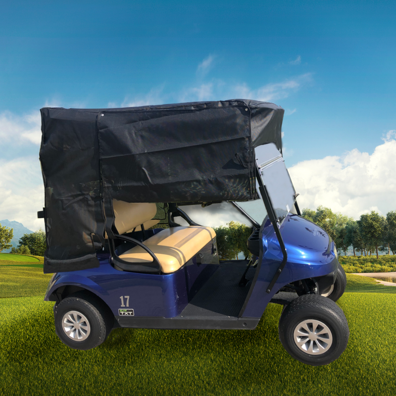 On a sunny day, a blue Yamaha Drive golf cart with the Formosa Covers Golf Cart Sun Shade UV Mesh Top Cover Exclusive For Yamaha Drive 70" Roof in black is parked on a lush green golf course. The cart features beige seats and has the number 17 displayed on it, offering UVA/UVB protection. In the background, trees and a partly cloudy sky can be seen.