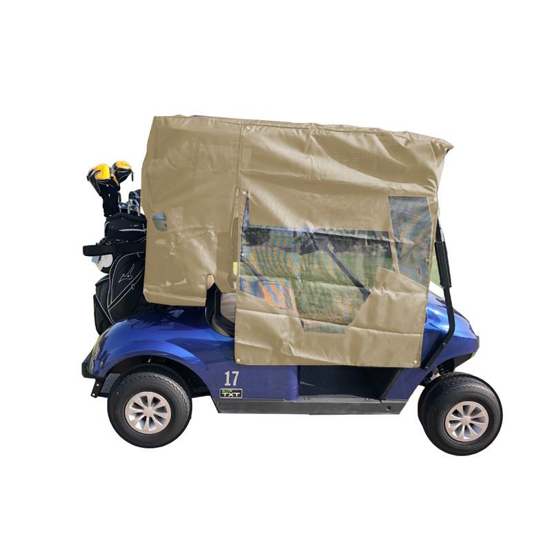 A blue golf cart labeled with the number 17 features a Formosa Covers beige Golf Cart Sun Shade UV Mesh Top Cover for a 58" short roof. This protective cover includes clear plastic windows for visibility, offers UV protection, and has a mesh panel design for added comfort. The golf cart also has golf clubs mounted on the back and is set against a plain white background.