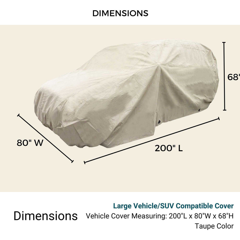 The image displays a taupe-colored Formosa Covers SUV Cover Large 200"L, completely covering a vehicle. The cover's dimensions are 200 inches in length, 80 inches in width, and 68 inches in height. Text at the top reads "DIMENSIONS" and describes it as compatible with large vehicles/SUVs for comprehensive protection.