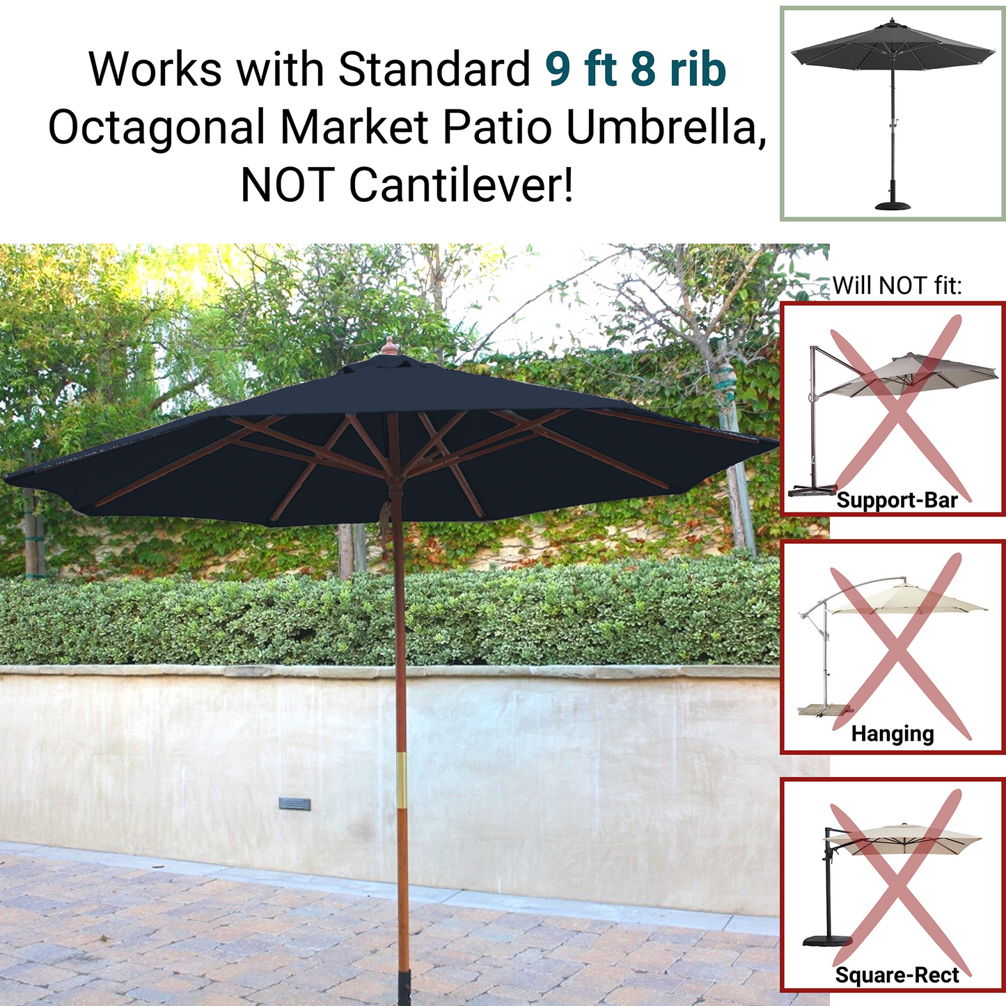 Image of a dark blue octagonal market patio umbrella with a wooden pole, set on a patterned stone patio in front of a stone wall with greenery. Text states it works with the Formosa Covers 9ft Market Patio Umbrella 8 Rib Replacement Canopy, not cantilever. Inset shows types of umbrellas it does not fit: support-bar, hanging, and square-rectangular.