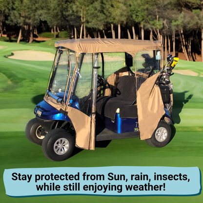 A Formosa Covers 2 Passengers Driving Enclosure Roof (56" - 60") Straight Down Tail in Taupe is covering a blue 2-seater golf cart, offering protection from the sun, rain, and insects. The cart is parked on a green golf course with trees in the background. A caption at the bottom reads, "Stay protected from sun, rain, insects while still enjoying all-weather comfort!