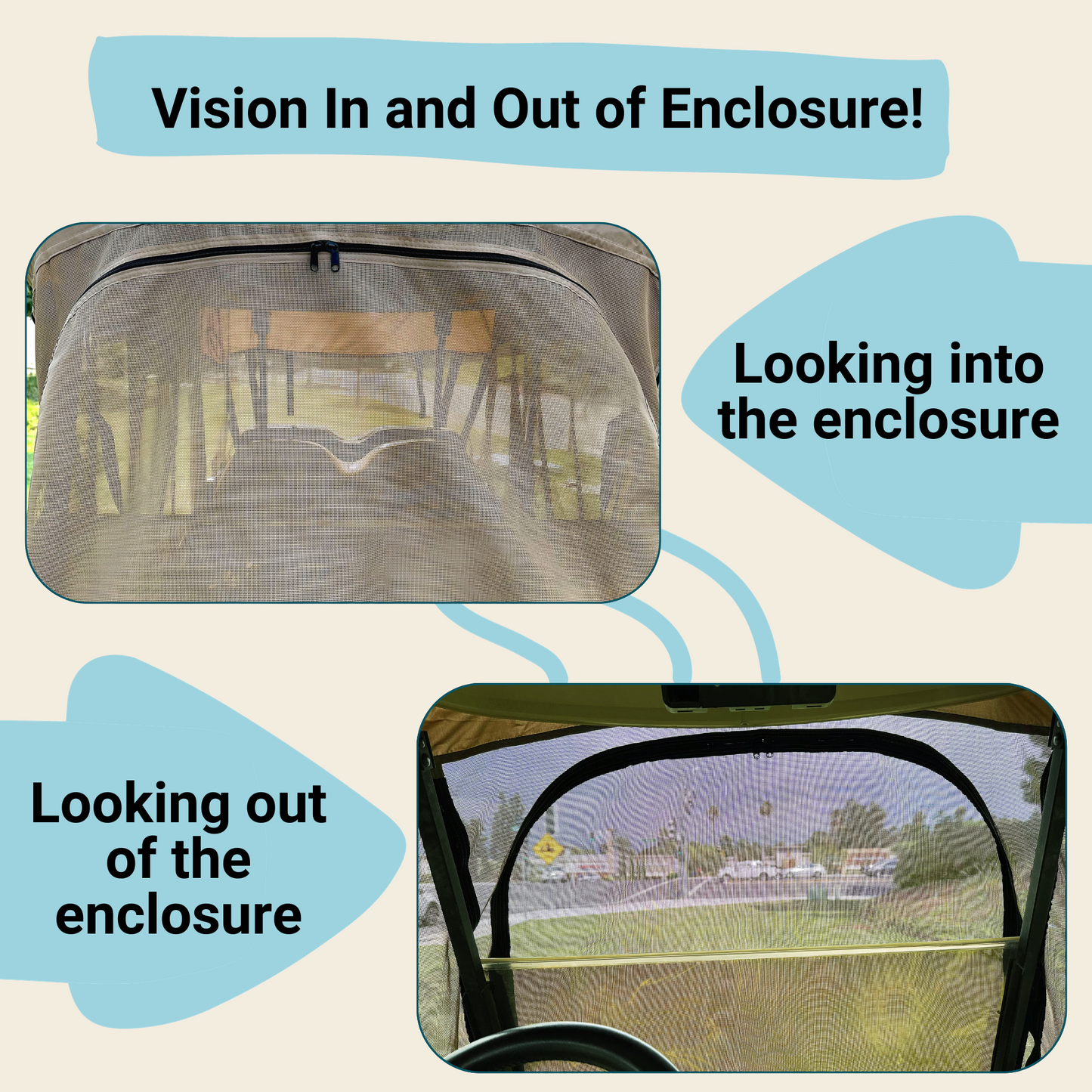 Two images showcase the perspective from inside and outside a Formosa Covers 2+2 Passenger Golf Cart Driving Enclosure Cover (4 Passenger Short Roof 58") in Texteline Mesh Taupe. The top image shows the view looking into the enclosure through a mesh screen, while the bottom image depicts the view looking out from inside.