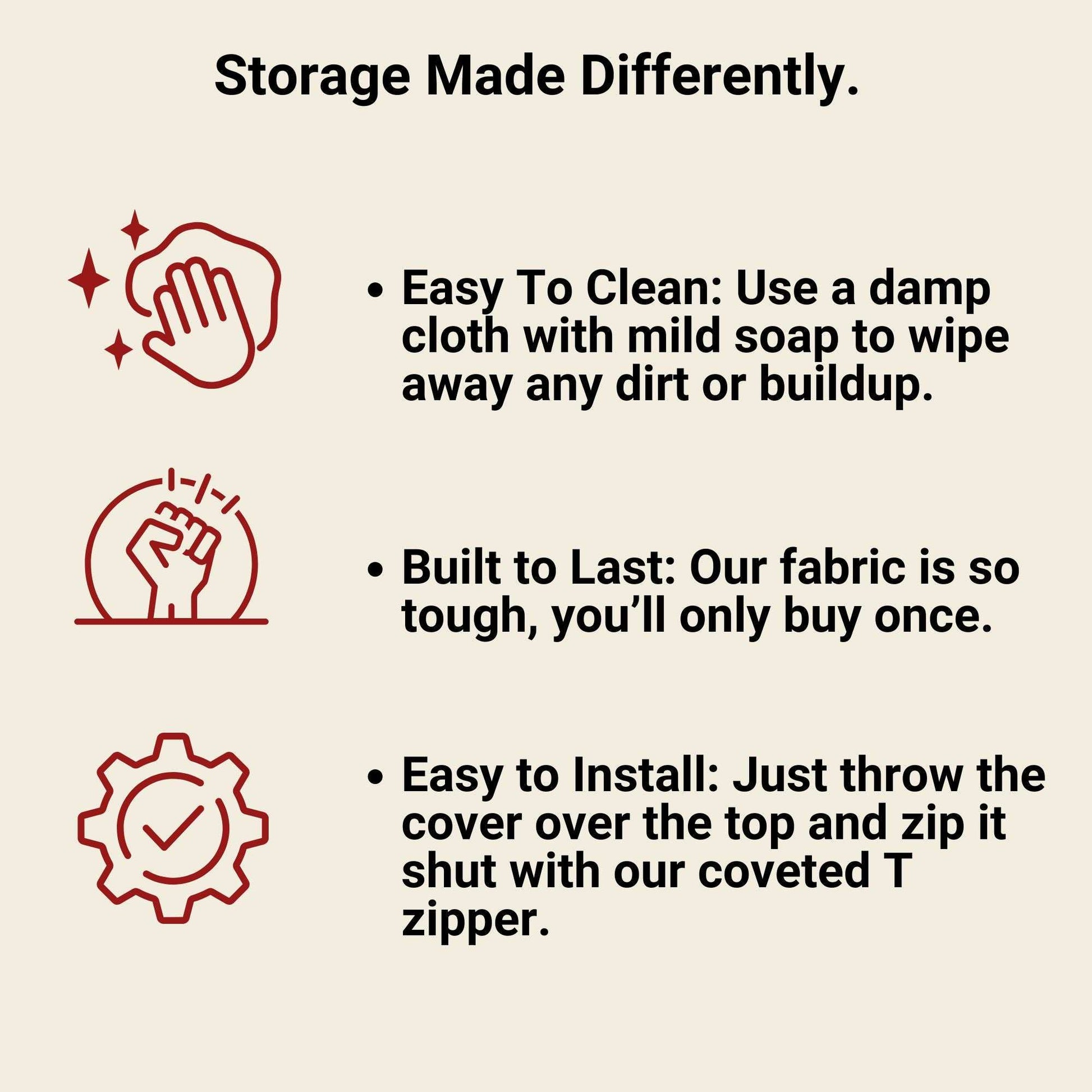 Storage Shelving Unit Cover with easy-to-clean, durable fabric and T zipper installation instructions.