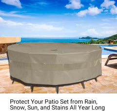 A round patio set accompanied by the Formosa Covers Patio Set Cover for Square or Round Table (70